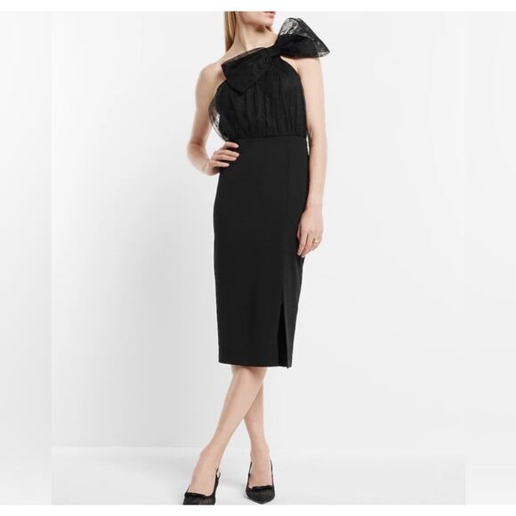 Express Black Mesh Polka Dot One Shoulder Bow Midi Sheath Dress Sz M Holiday - Picture 1 of 9
